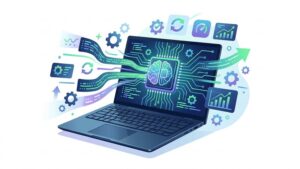 Футуристическая иллюстрация видеокарты NVIDIA и ноутбука Asus Zenbook для статьи о трендах ИИ-драйверов