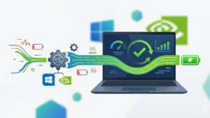 Современная иллюстрация оптимизации энергопотребления ноутбука Zenbook с помощью драйверов видеокарты NVIDIA для Windows 10