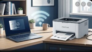Современная иллюстрация ноутбука Asus Zenbook и лазерного принтера Pantum для беспроводной печати документов