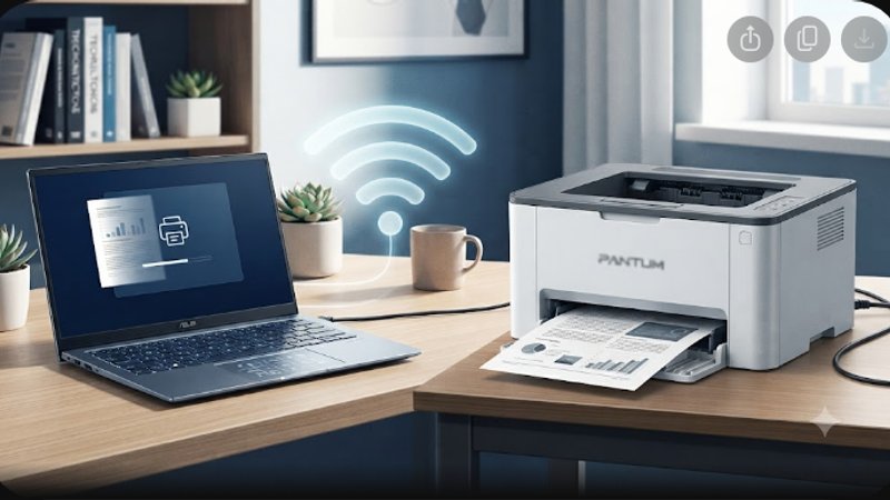 Современная иллюстрация ноутбука Asus Zenbook и лазерного принтера Pantum для беспроводной печати документов