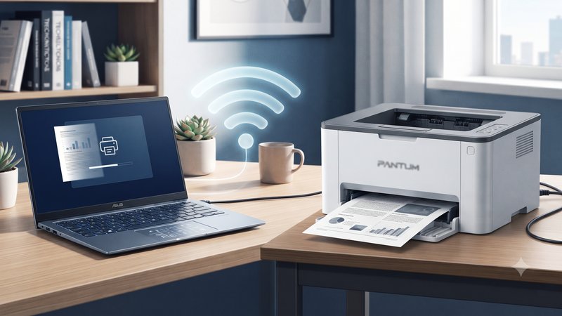 Современная иллюстрация ноутбука Zenbook и лазерного принтера Pantum для статьи о выборе драйверов