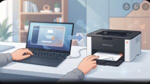 Иллюстрация процесса исправления ошибки печати принтера Pantum на ноутбуке Asus Zenbook в современном стиле