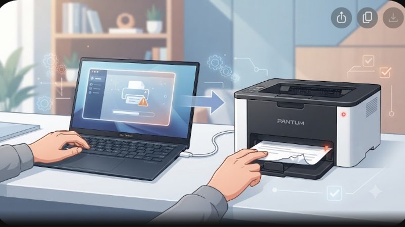 Иллюстрация процесса исправления ошибки печати принтера Pantum на ноутбуке Asus Zenbook в современном стиле