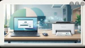 Современная иллюстрация ноутбука Asus Zenbook и лазерного принтера Pantum для статьи об установке драйверов
